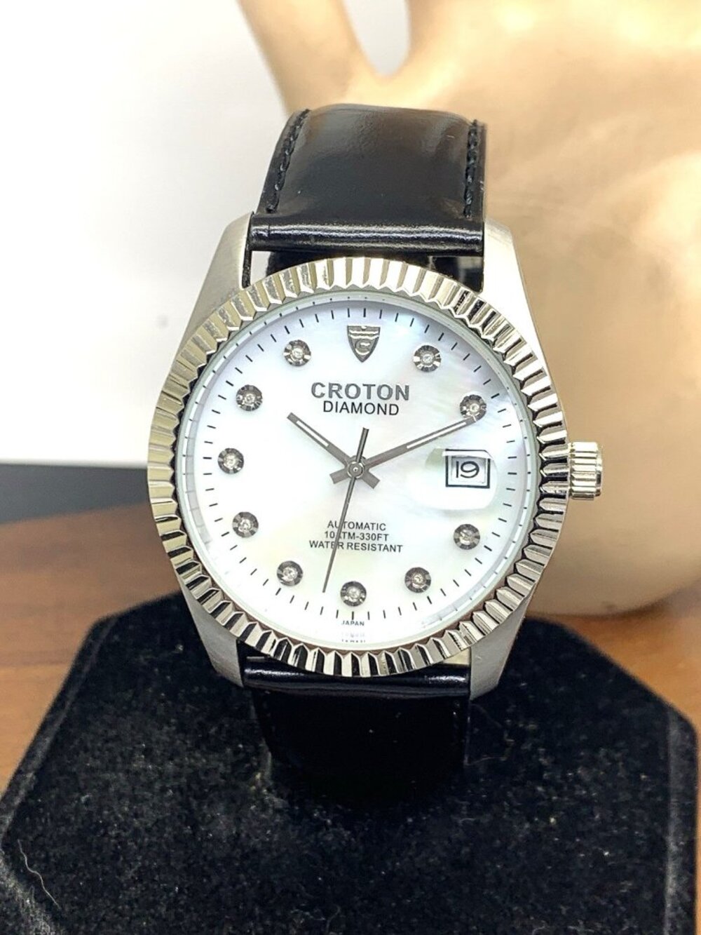 Croton Men's Watch Automatic Mother of Pearl Diamond Dial Black Leather 40mm